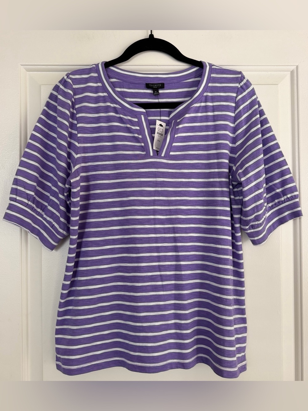 Talbots Lavender/Purple and White Striped Short-Sleeve Notch Neck Tee